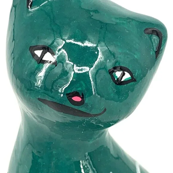 Talavera Cat Figurine Hand Painted Mexican Ceramic Green 5.5" - Picture 2 of 8